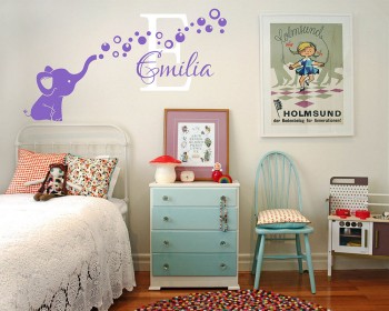 Customized Name Wall Stickers Elephant Bubbles Initial Letter Vinyl Wall Art Decal